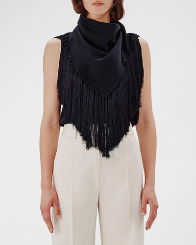 Shop Another Tomorrow Fringe Scarf-neck Tank Top In Black