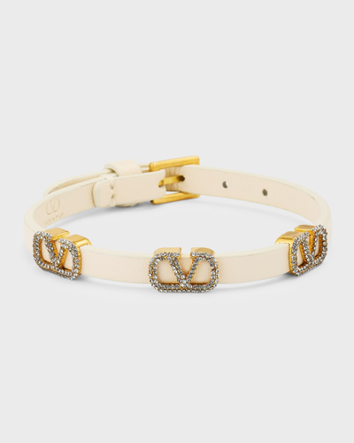 Shop Valentino Strass V-logo Signature Leather Bracelet In Ivoryblack