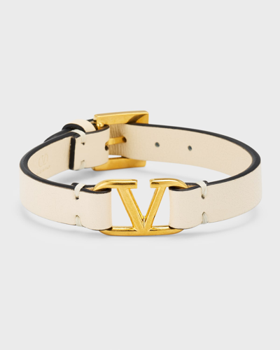 Shop Valentino Leather V-logo Bracelet In Lt Ivory