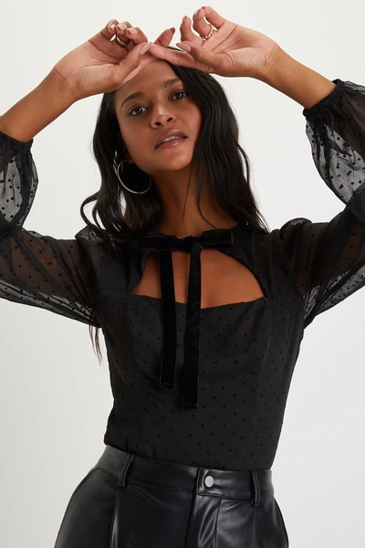 Shop Lulus Dainty Diva Black Swiss Dot Tie-front Balloon Sleeve Bodysuit