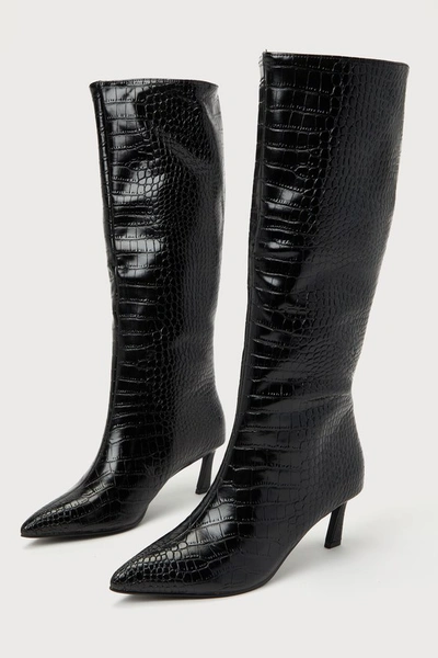 Shop Steve Madden Lavan Black Croc-embossed Leather Kitten Heel Knee-high Boots