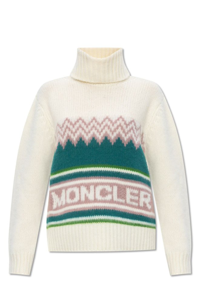 Shop Moncler Logo Intarsia Turtleneck Sweater In White