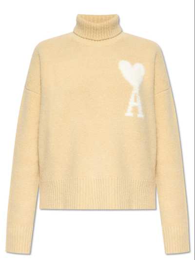 Shop Ami Alexandre Mattiussi Ami Paris Ami De Coeur High Neck Knitted Jumper In Yellow