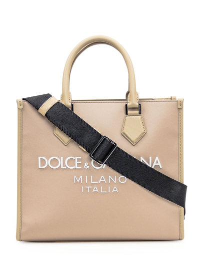 Shop Dolce & Gabbana Logo Printed Top Handle Tote Bag In Beige