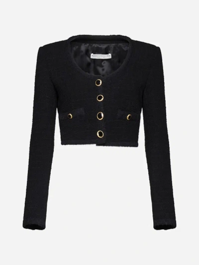 Alessandra Rich Checked Cropped Tweed Blazer In Black