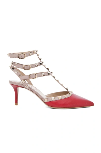 Shop Valentino Rockstud Leather Slingbacks T.65 In Red