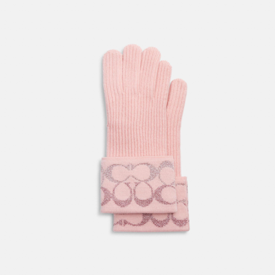 Shop Coach Outlet Signature Metallic Knit Gloves In Pink