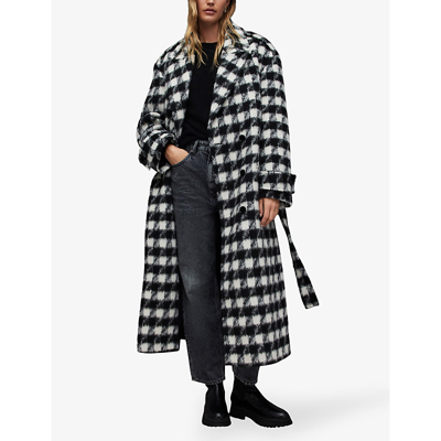Shop Allsaints Women's Black/white Haithe Check-pattern Brushed-woven Coat