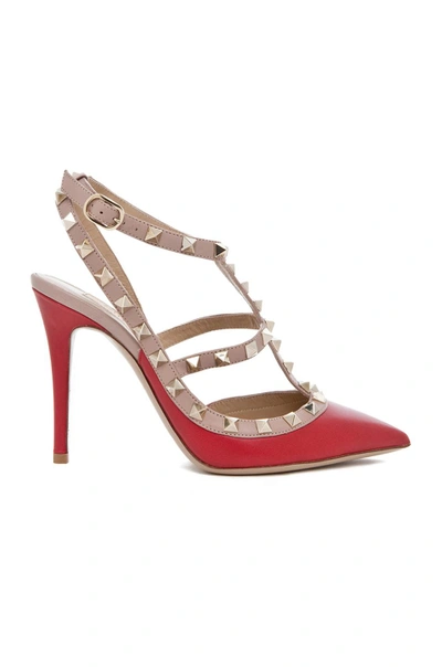 Shop Valentino Rockstud Leather Slingbacks T.100 In Red