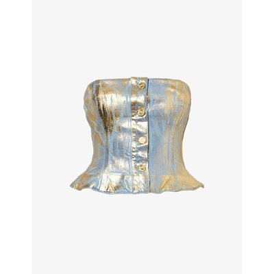 Shop Ganni Women's Gold Metallic-embellished Strapless Denim Top