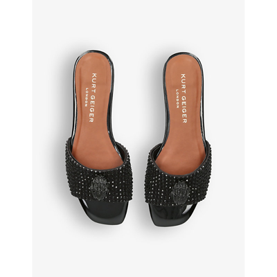 Shop Kurt Geiger Kensington Crystal-embellished Satin Flat Sandals In Black