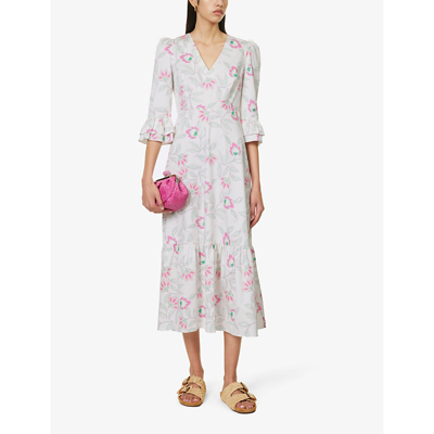 Shop Aspiga Women's White/pink Victoria Floral-print Stretch-cotton Midi Dress