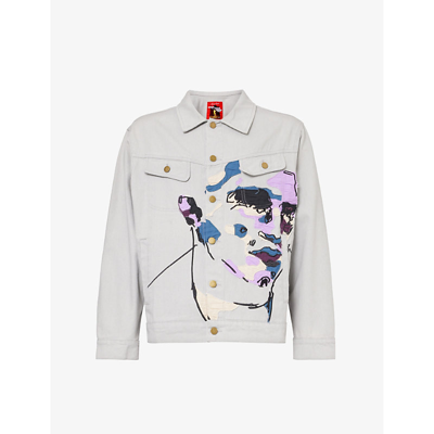 Shop Kidsuper Men's Grey Face Abstract-print Regular-fit Denim Jacket