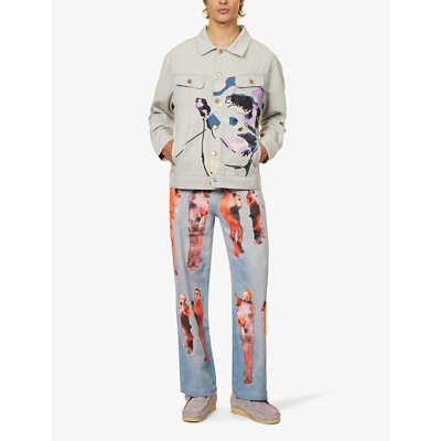 Shop Kidsuper Men's Grey Face Abstract-print Regular-fit Denim Jacket