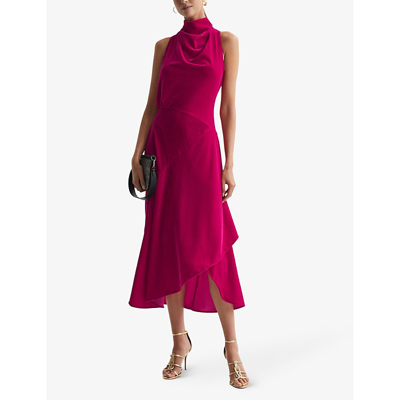 Shop Reiss Women's Pink Giannon Funnel-neck Stretch-velvet Midi Dress