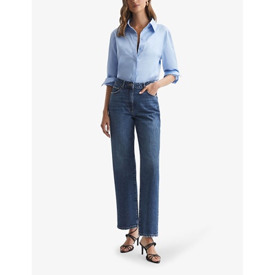 Shop Reiss Womens Mid Blue Selin Cropped Straight-leg Mid-rise Stretch-denim Jeans