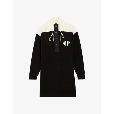 Shop Claudie Pierlot Women's Noir / Gris Maxima Logo-embroidered Knitted Mini Jumper Dress