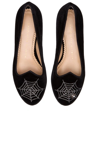 Shop Charlotte Olympia Charlotte's Web Swarovski Velvet Flats In Black