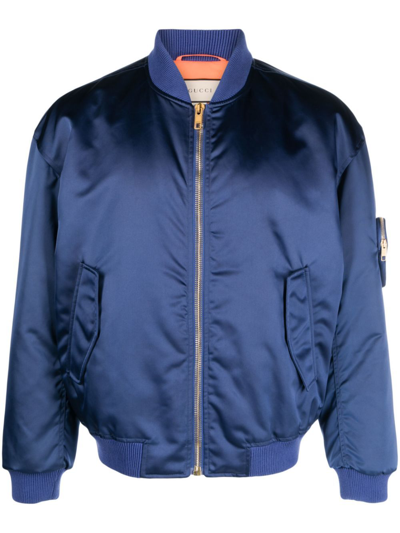 Shop Gucci Appliquéd Satin Bomber Jacket - Men's - Polyester/polyamide/cotton In Blue