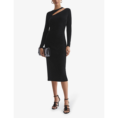 Shop Reiss Women's Black Macey Cut-out Stretch-velvet Midi Dress