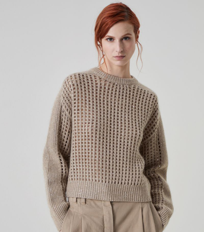 Shop Brunello Cucinelli Embellished Open-knit Sweater In Brown