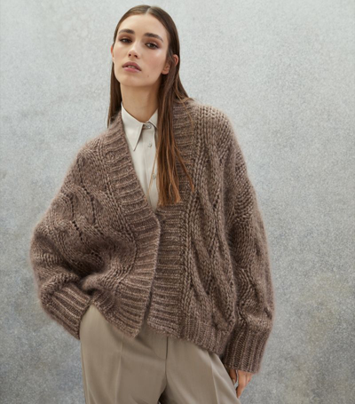 Shop Brunello Cucinelli Mohair-blend Oversized Cable-knit Cardigan In Brown