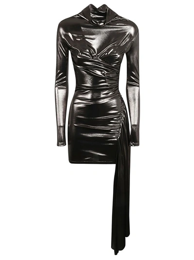 Shop Blumarine Silver Draped Metallic Long-sleeve Dress In Black
