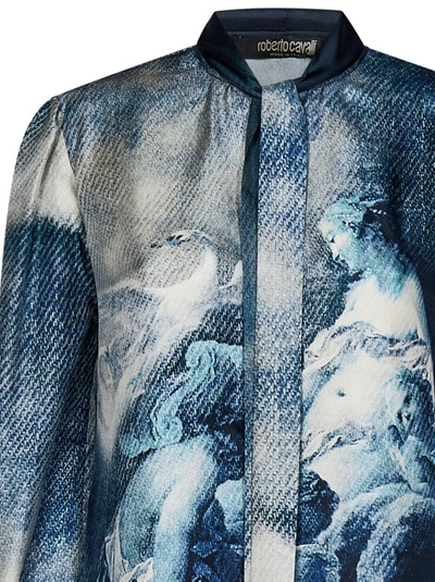 Shop Roberto Cavalli Blue Silk Blouse With All-over Baroque-inspired Print