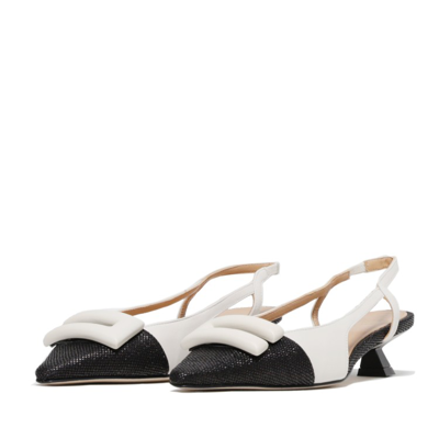 Chantal Low Slingback In Soft White Leather With Black Raffia Tip In Neutrals
