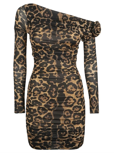 Shop Blumarine Rose-appliqué Leopard-print Dress In Brown
