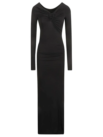 Shop Blumarine Black V-neck Bardot-sleeves Dress