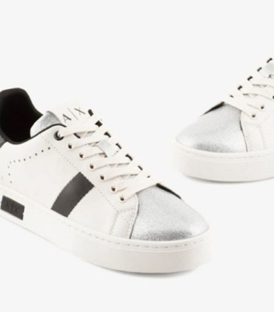 Shop Armani Exchange White Leather Sneakers