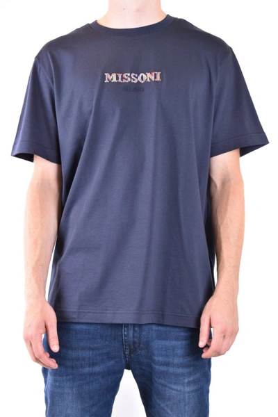 Shop Missoni Blue Cotton Logo Embroidered T-shirt