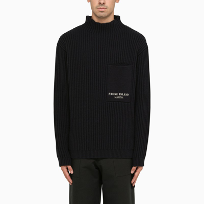 Shop Stone Island Navy Turtleneck In Ribbed Wool In Blue