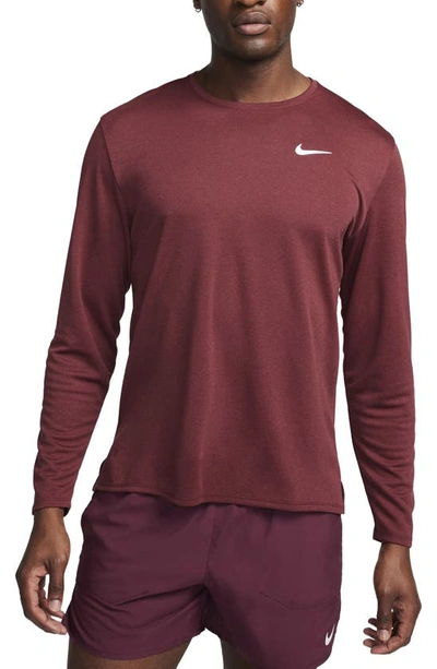 Shop Nike Dri-fit Uv Long-sleeve Running Top In Night Maroon/ Cedar/ Heather