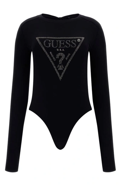 Shop Guess Logo Long Sleeve Bodysuit In Jet Black