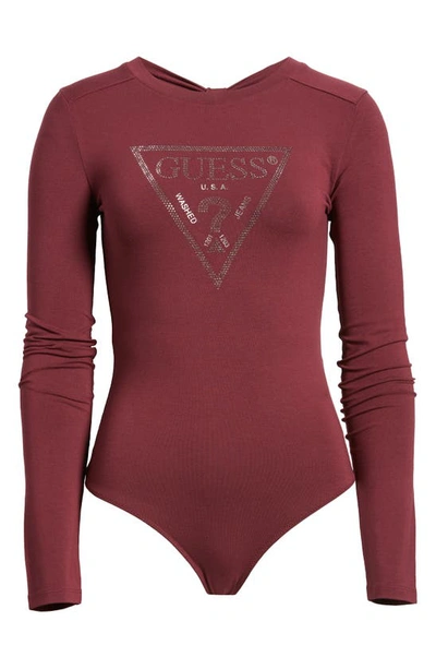 Shop Guess Logo Long Sleeve Bodysuit In Red