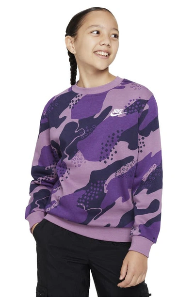 Shop Nike Kids' Camo Club Fleece Crewneck Sweatshirt In Purple Cosmos/ Violet/ White