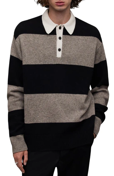 Shop Allsaints Jax Stripe Wool & Cotton Polo Sweater In Black/ Fawn Brown