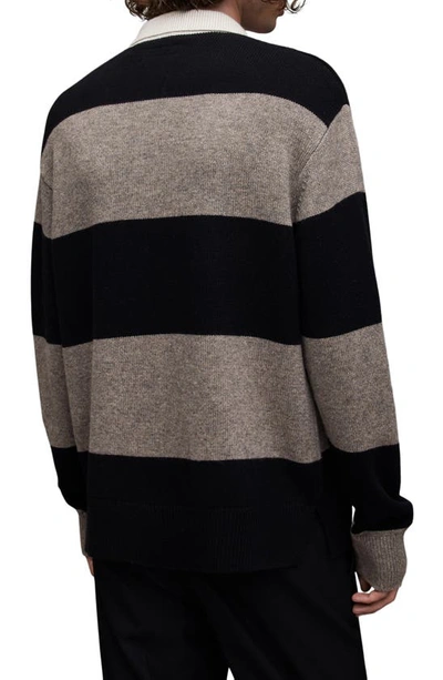 Shop Allsaints Jax Stripe Wool & Cotton Polo Sweater In Black/ Fawn Brown