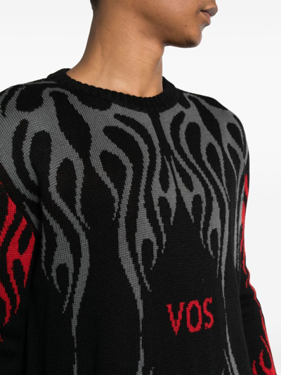 Shop Vision Of Super Black Jumper With Red And Grey Jacquard Logo And Flames
