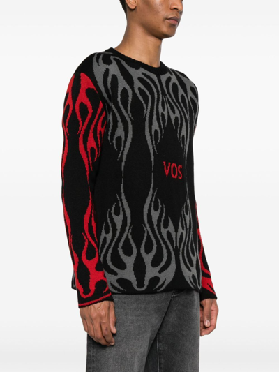Shop Vision Of Super Black Jumper With Red And Grey Jacquard Logo And Flames