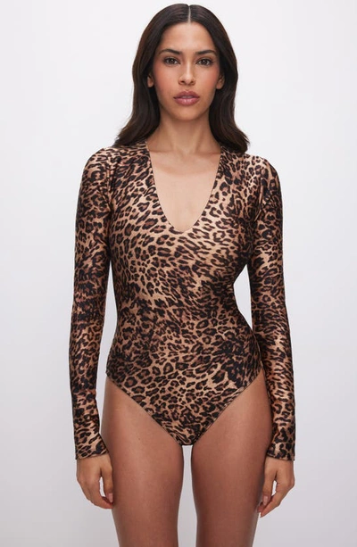 Shop Good American High Shine Compression V-neck Thong Bodysuit In Wild Leopard003