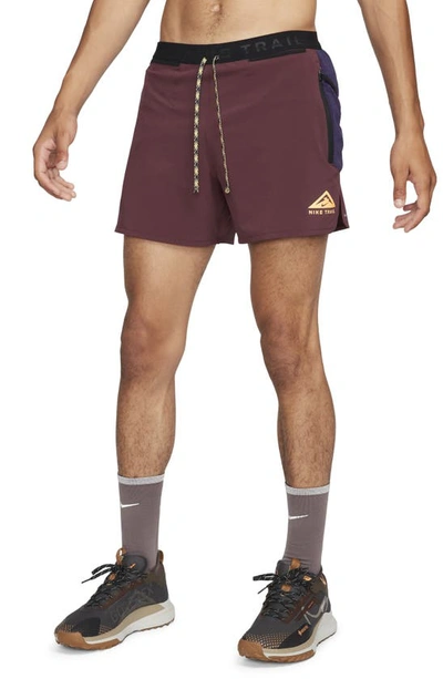 Shop Nike Second Sunrise 5-inch Brief Lined Trail Running Shorts In Night Maroon/ Ink/ Melon Tint