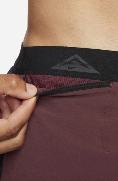 Shop Nike Second Sunrise 5-inch Brief Lined Trail Running Shorts In Night Maroon/ Ink/ Melon Tint