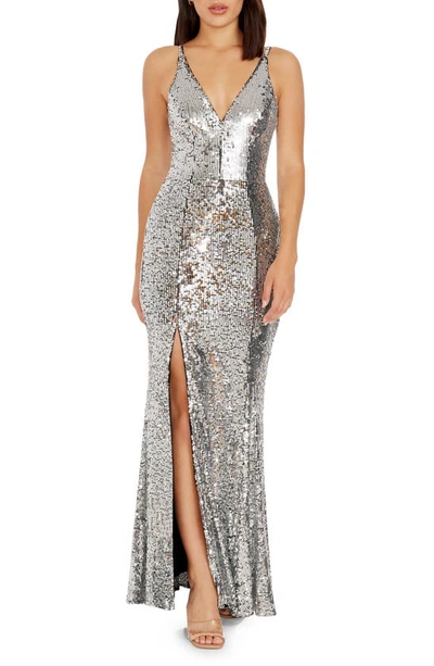 Shop Dress The Population Iris Sequin Gown In Silver