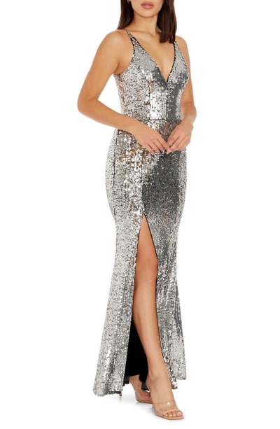Shop Dress The Population Iris Sequin Gown In Silver