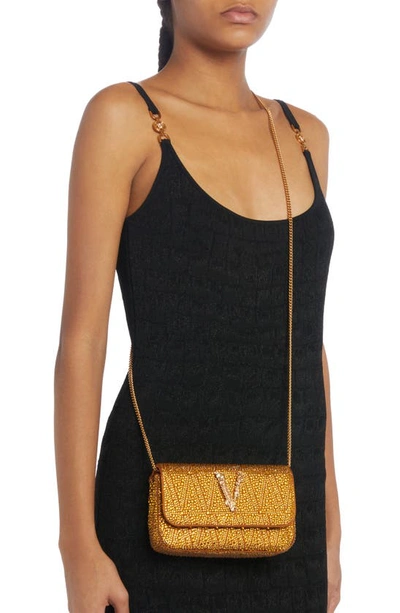 Shop Versace Mini Virtus Crystal Pavé Evening Bag In Caramel- Gold