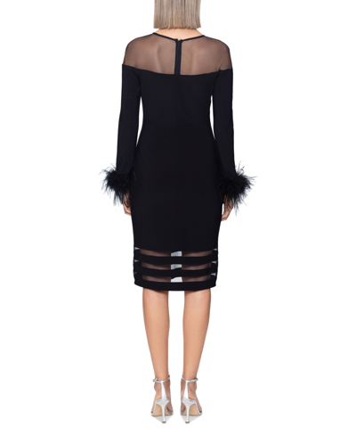 Shop Betsy & Adam Petite Illusion-yoke Feather-cuff Dress In Black