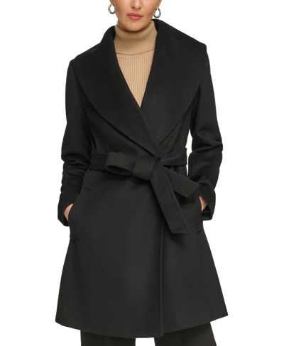 Shop Dkny Women's Shawl-collar Wool Blend Wrap Coat In Black